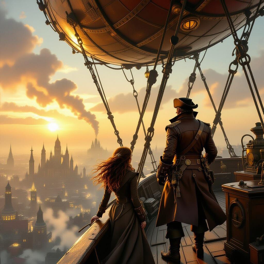 Steampunk Airship Pirate Over Victorian City