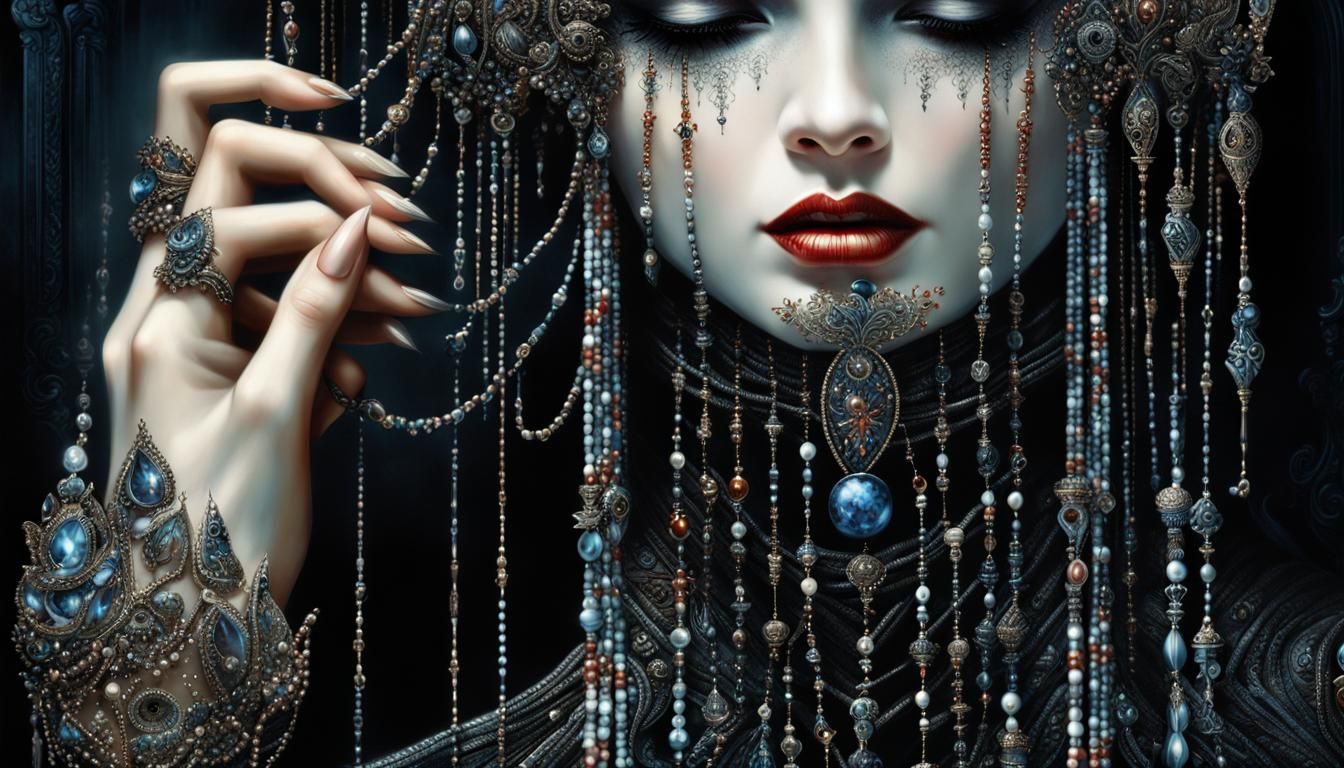 Detailed Gothic Portrait of Woman with Beaded Thread