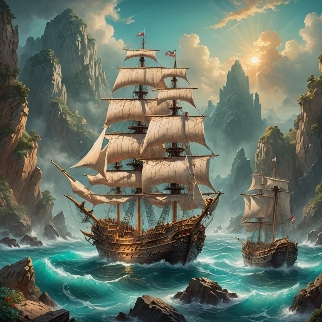 Ornate Pirate Ship in Vibrant Seascape Painting