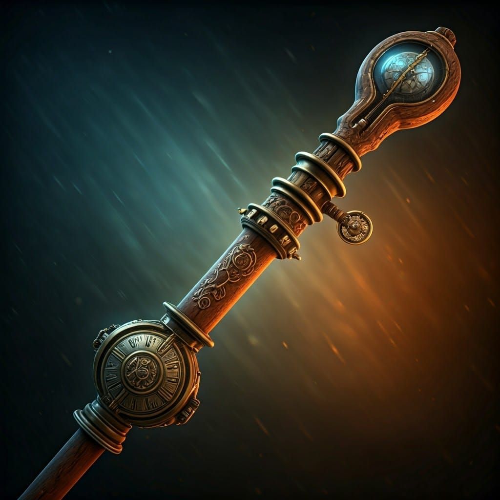Clockwork Staff in Mysterious, High-Contrast Landscape