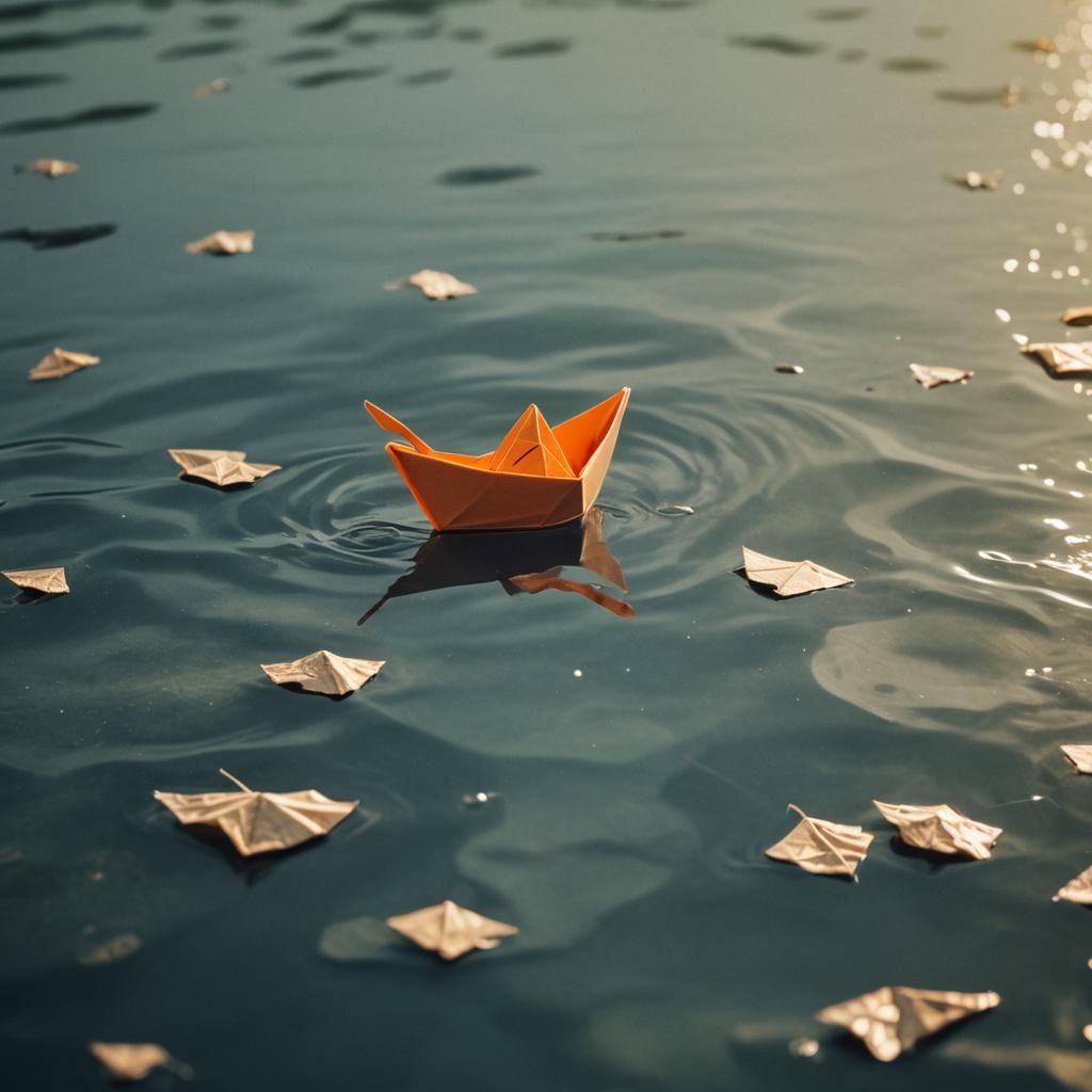 Orange Squirrel and Origami Boat in Cinematic Style