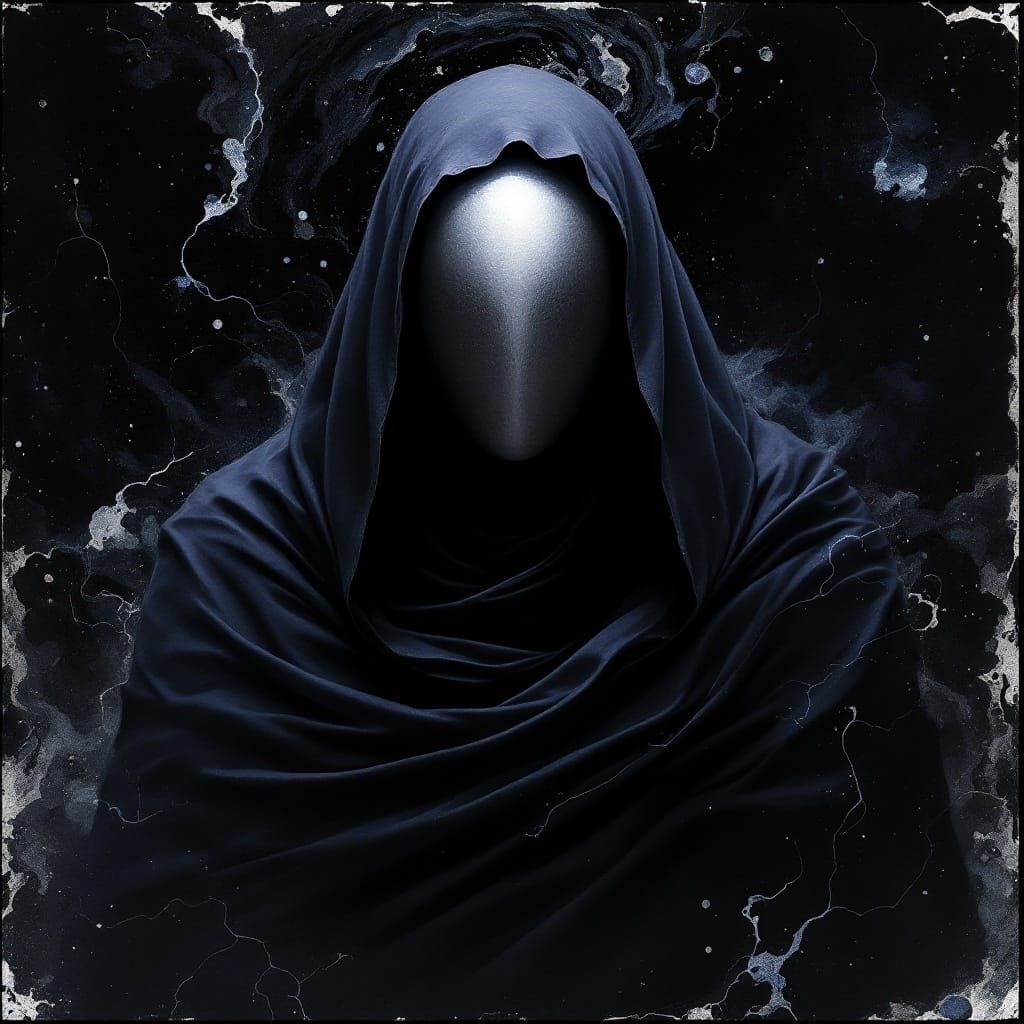 Hyperrealistic Portrait of a Dark Figure in Metallic Mask