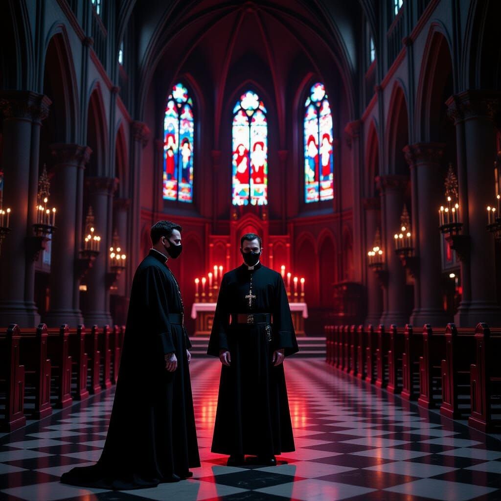 Gothic Church Interior at Night with Eerie Red Light