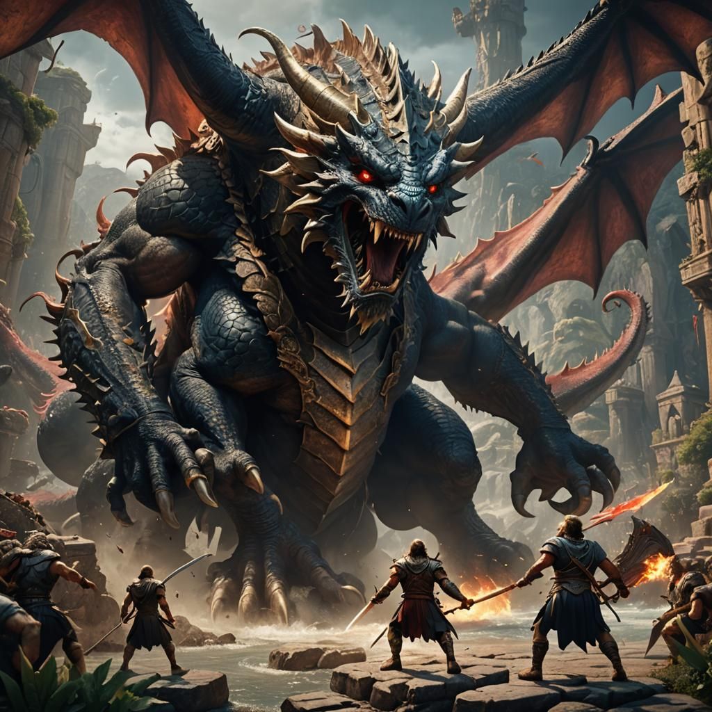 Odysseus Battles a Dragon: Fantasy Concept Art