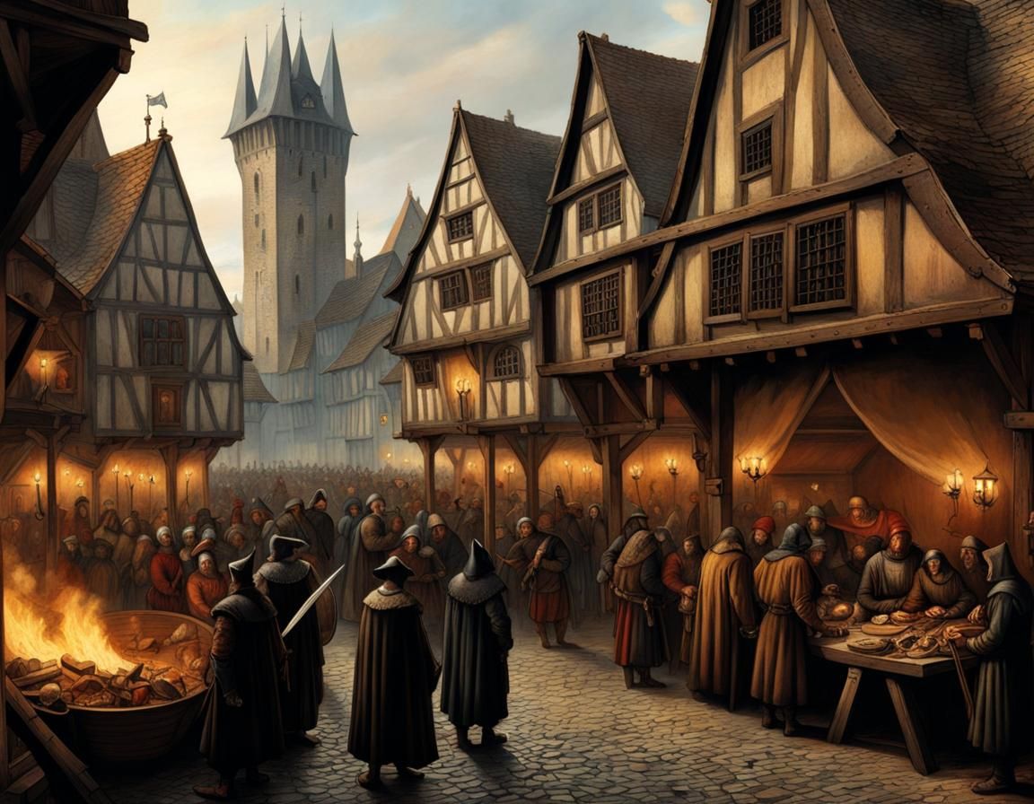 Medieval Marketplace Scene in Bruegel Style