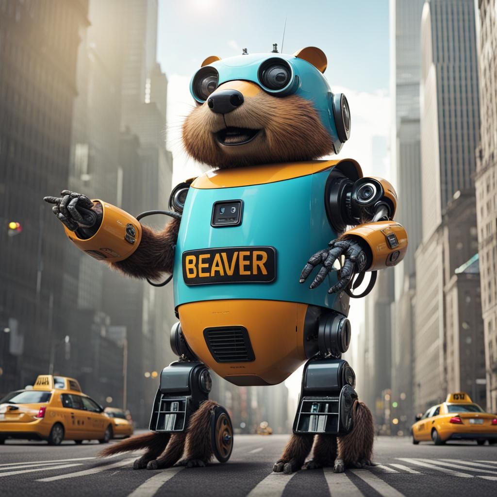 Robot Beaver in Cityscape with Taxi Cars