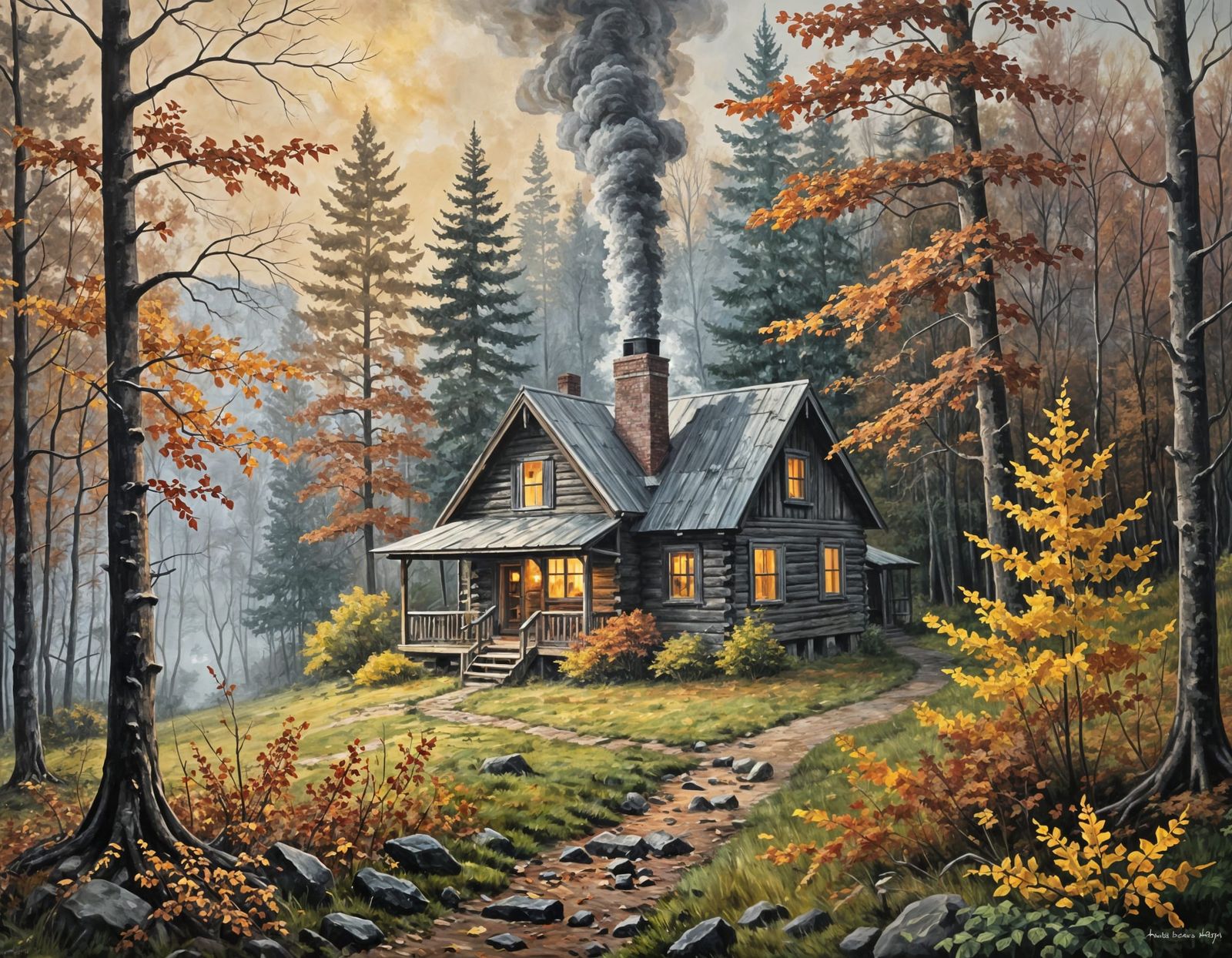 Autumnal Cabin Scene in a Moody Oil Painting