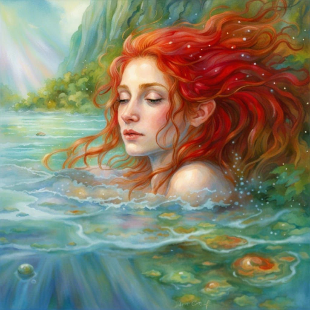 Ethereal Red-Haired Elf in Watercolor