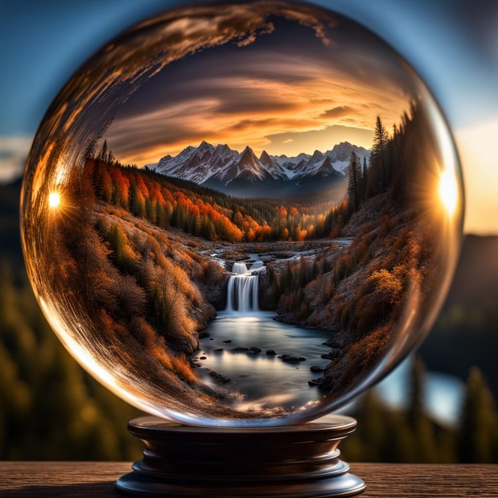 Glass Globe Landscape with Waterfall at Sunset