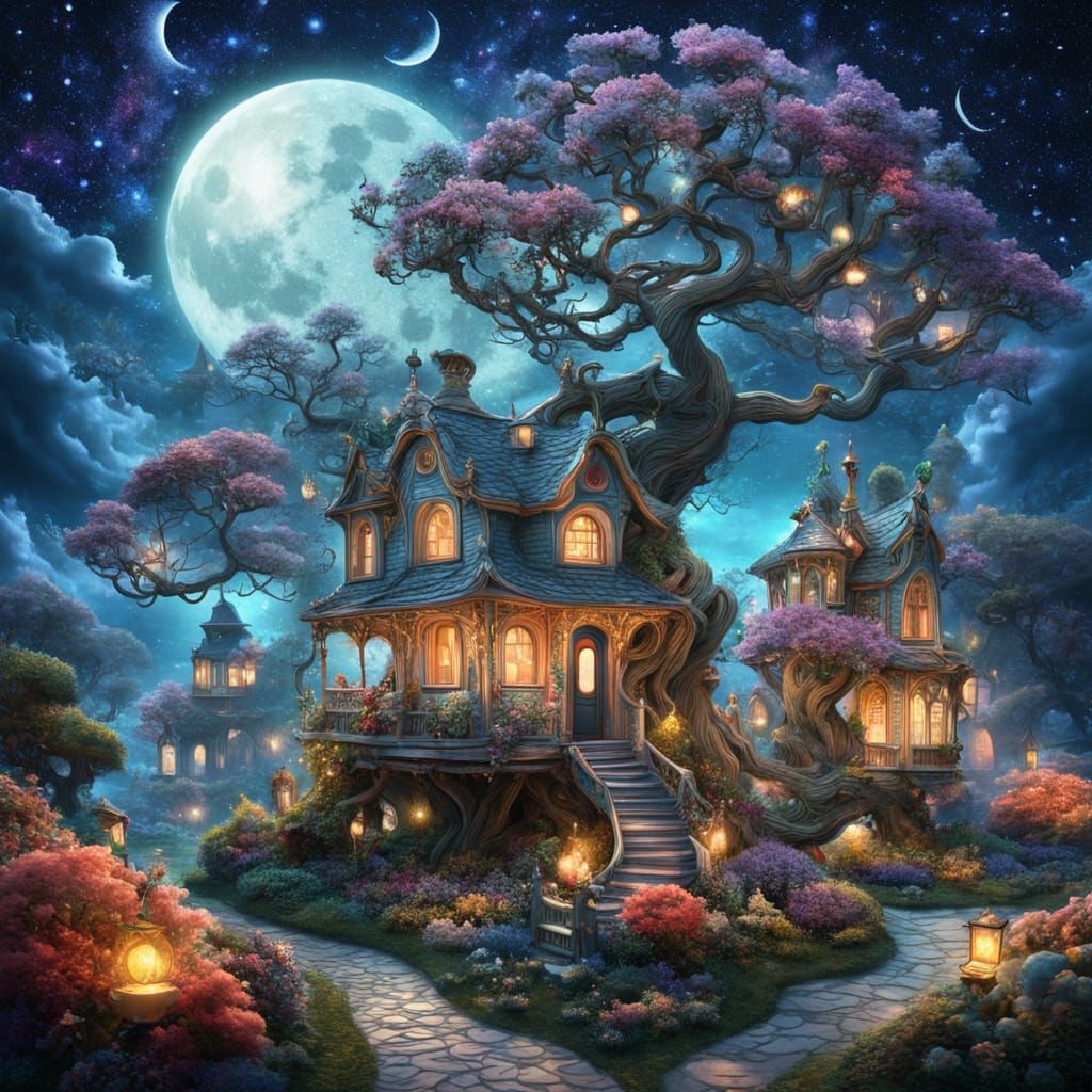 Crescent Moon Garden: A Surreal Fantasy Artscape