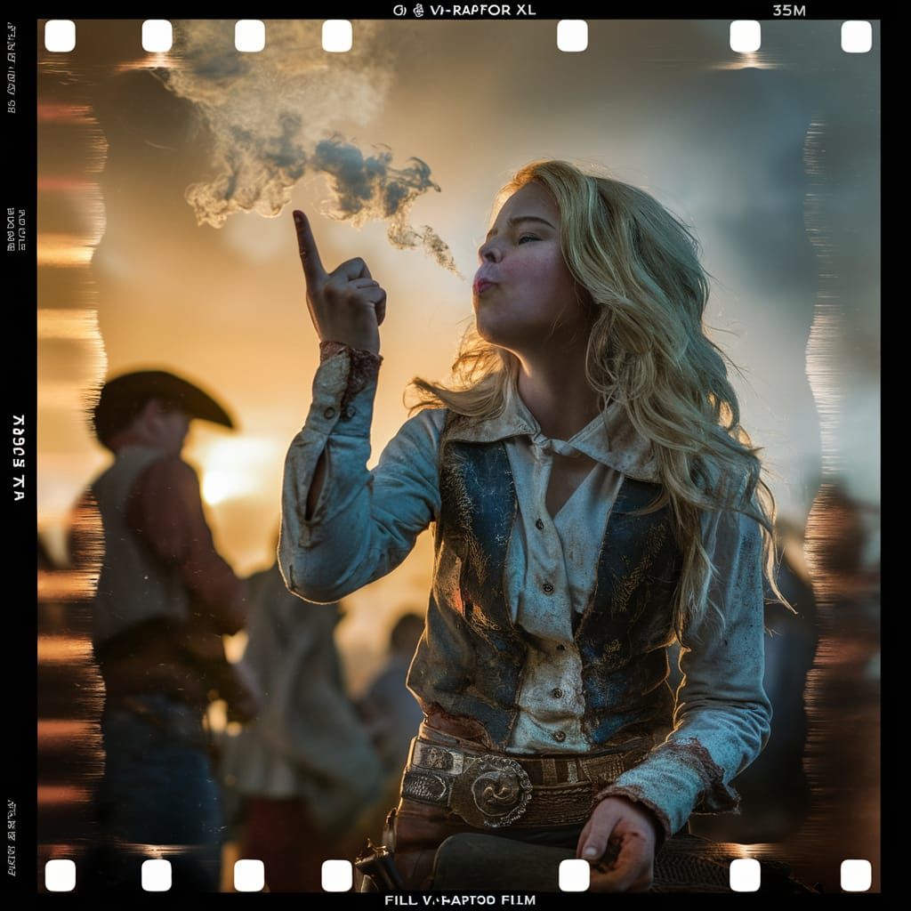 Cinematic Western: Blond Girl Cowboy in Dramatic Sunset