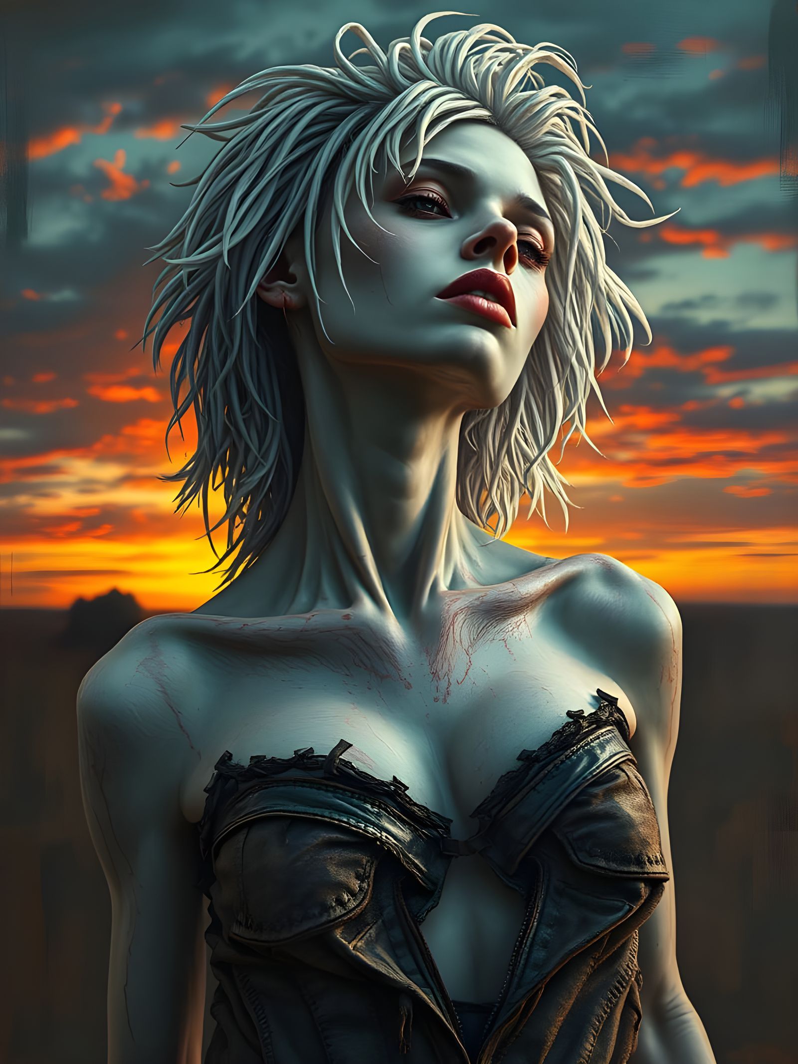 Albino Woman Torso at Sunset: Photorealistic Art