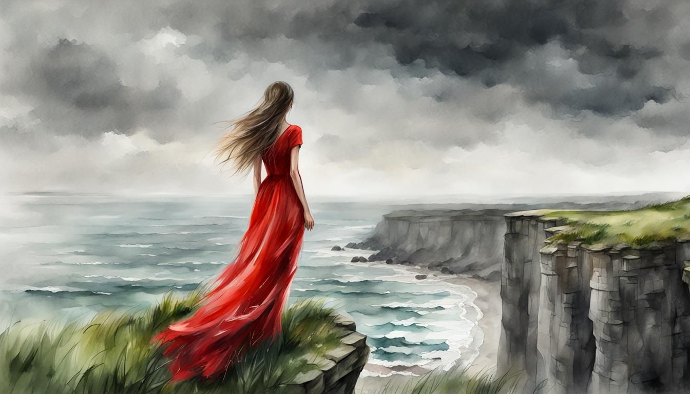 Girl in Red Dress on Cliff, Watercolor Style