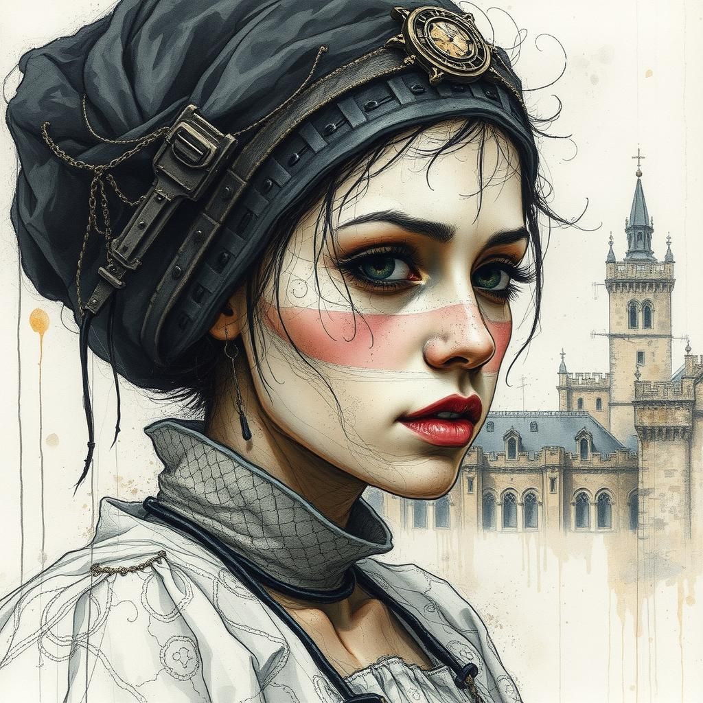 Biopunk Midwife Portrait in Watercolor and Ink