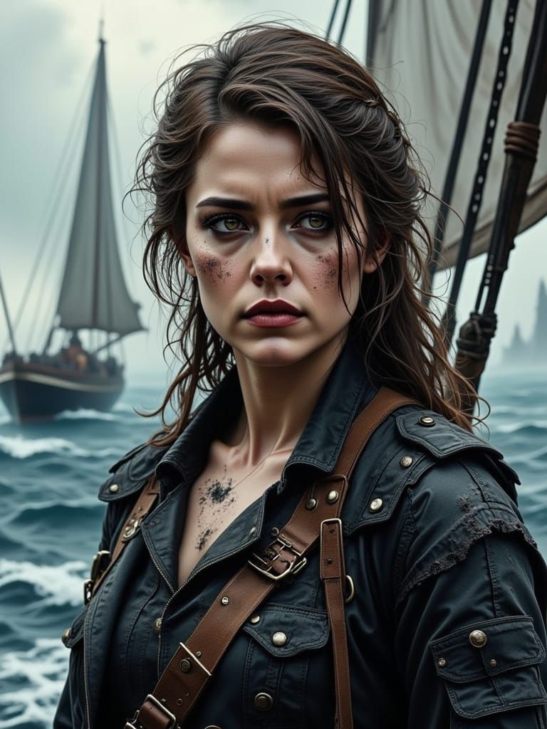 Determined Sailor Battles Stormy Sea in Photorealistic Style