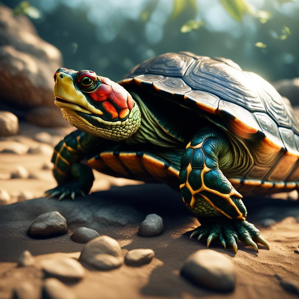 Red-Eared Slider Turtle in Sunlight: Matte Painting