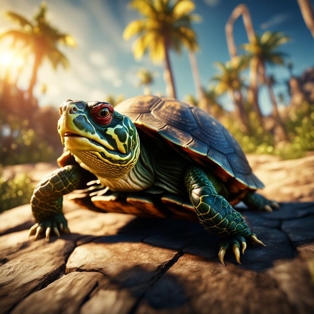Red-Eared Slider Turtle in Sunlight: Matte Painting
