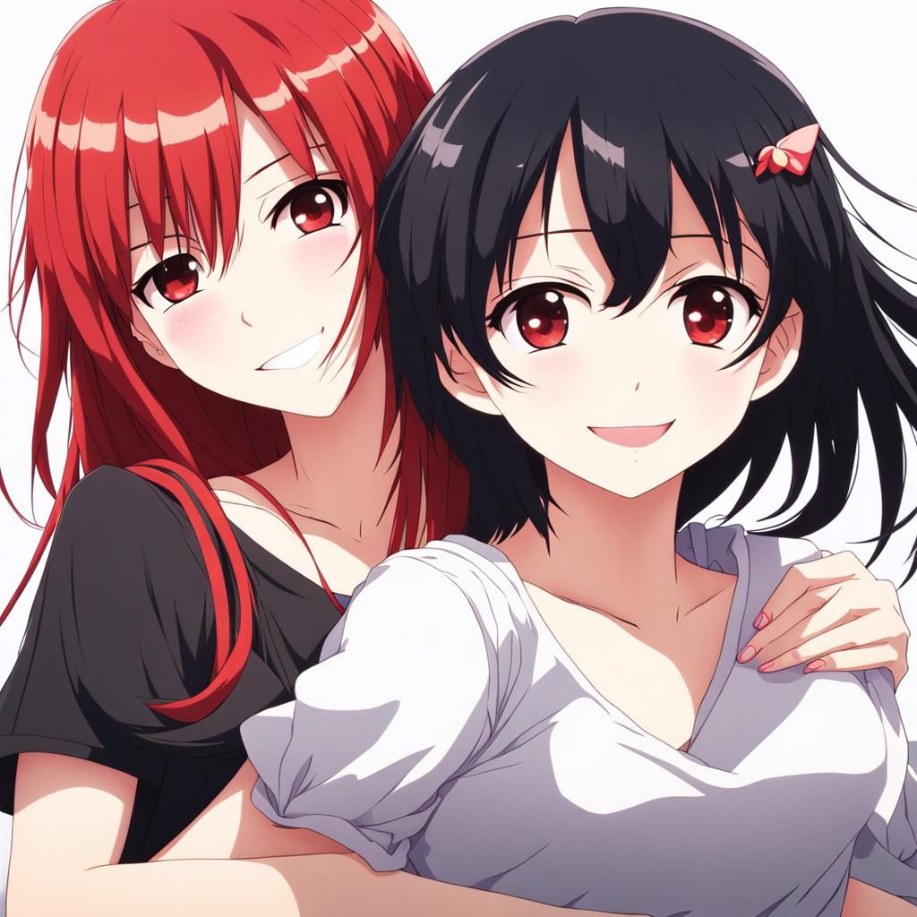 Anime Girls Hugging in Key Visual Style