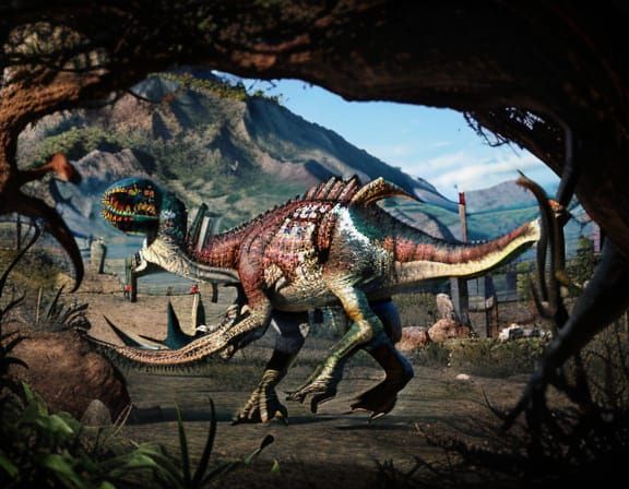 Prehistoric Dinosaur in a Futuristic Setting