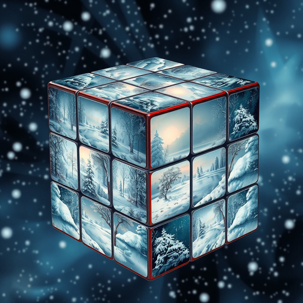 Winter Wonderland Rubik's Cube in Surrealist Style