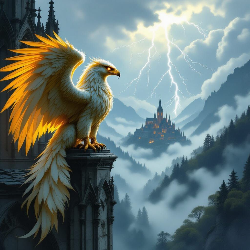 A majestic griffin with feathers of burnished gold and eyes like molten amber perched atop a crumbling gothic cathedral