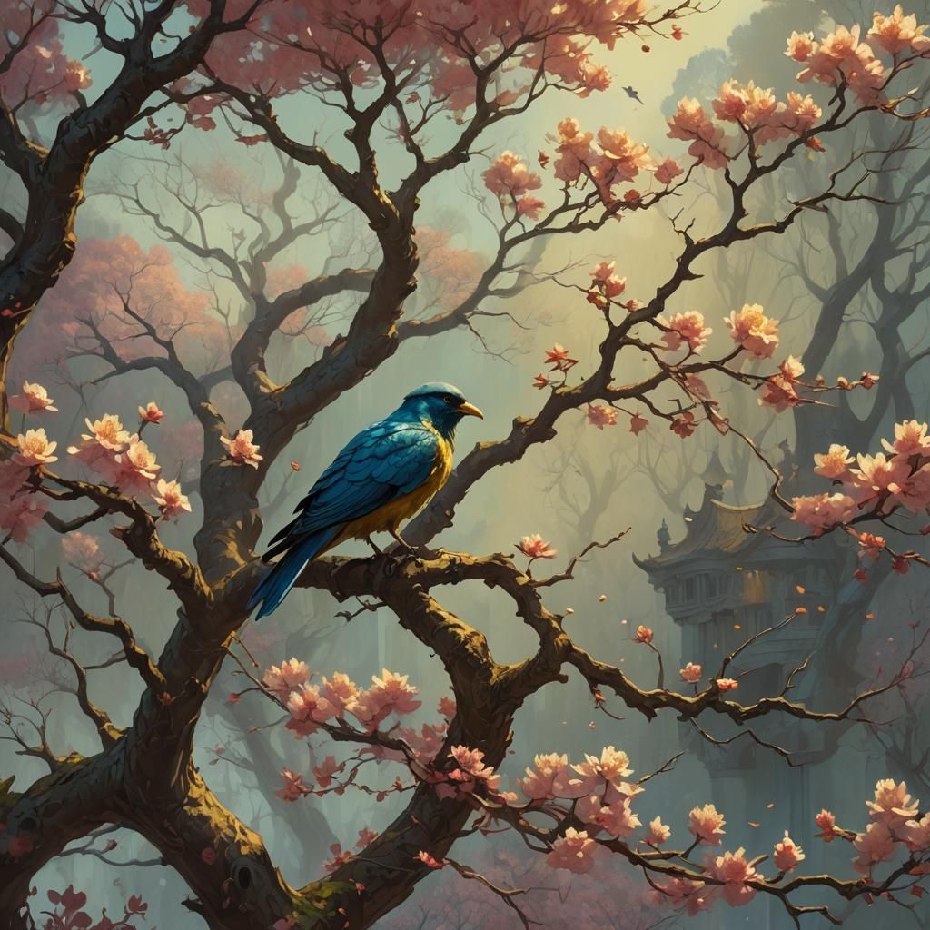 Fantasy Tree with Bird, Detailed Matte Painting