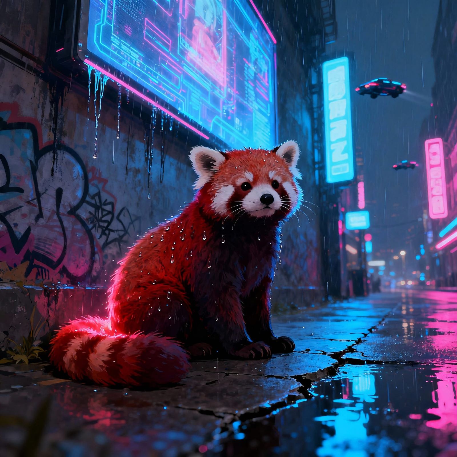 Red Panda on Cyberpunk Street in Lofi Style