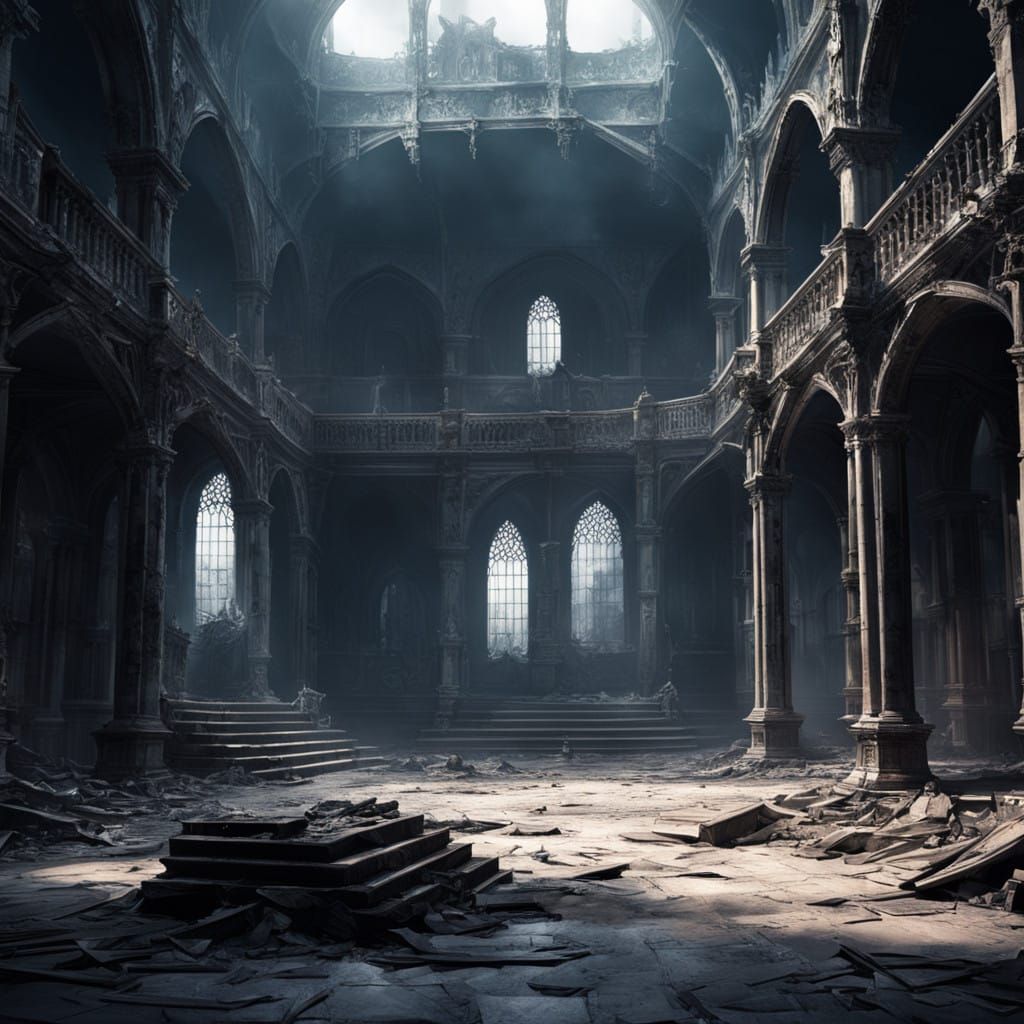 Majestic yet Ruined Throne Room with Forgotten Beings