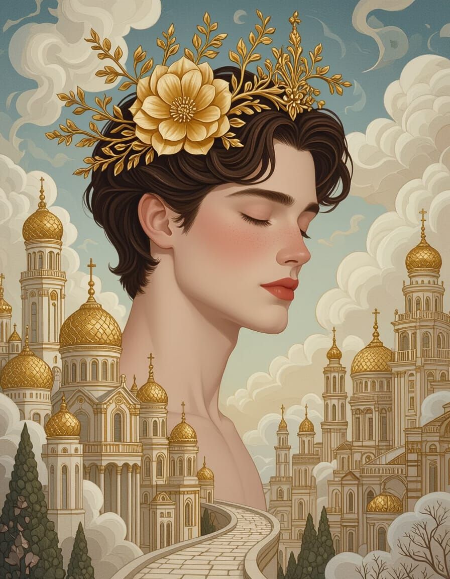 Gay Man in Golden Cityscape with Floral Headpiece