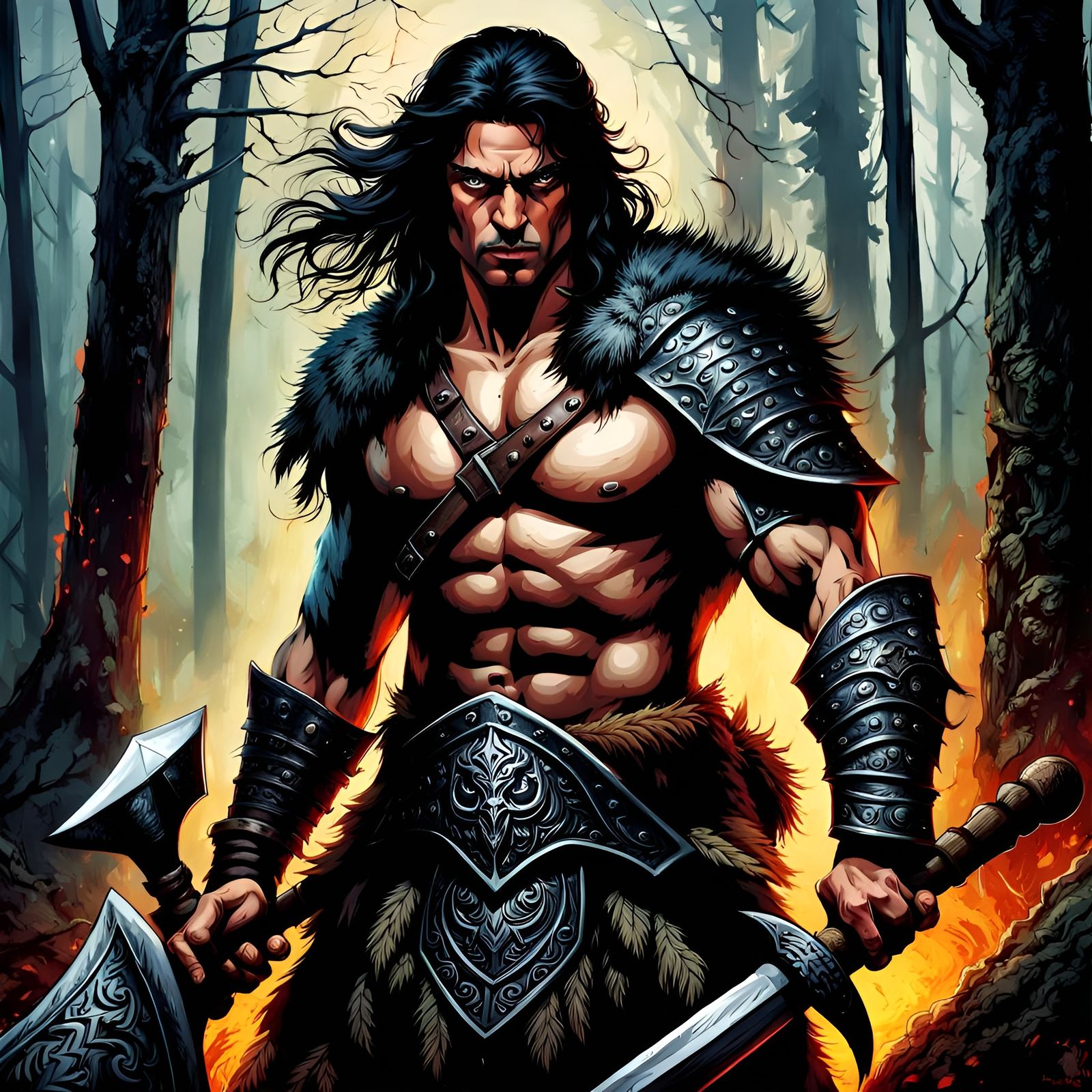 Dark Haired Warrior in Forest, Detailed Horror Art