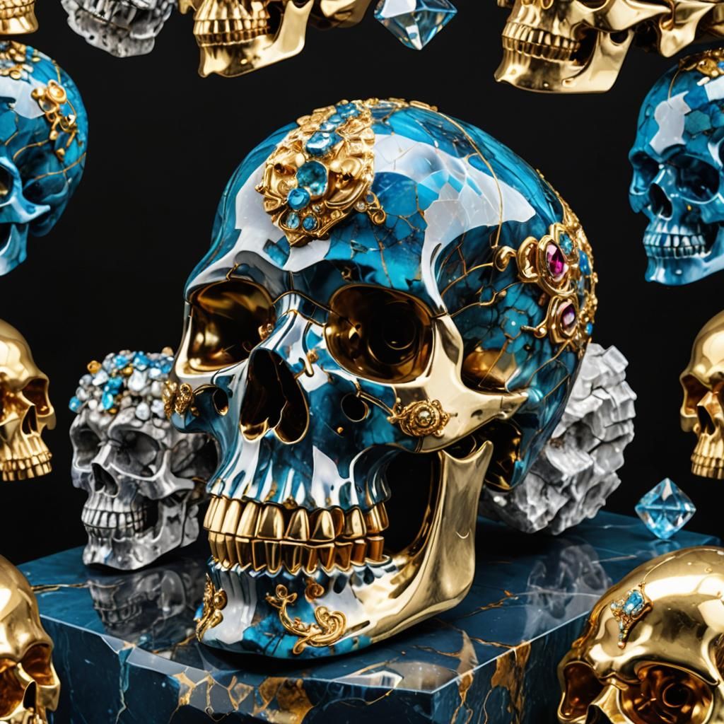 Crystal Skull with Gemstones and Gold in Art Deco Style