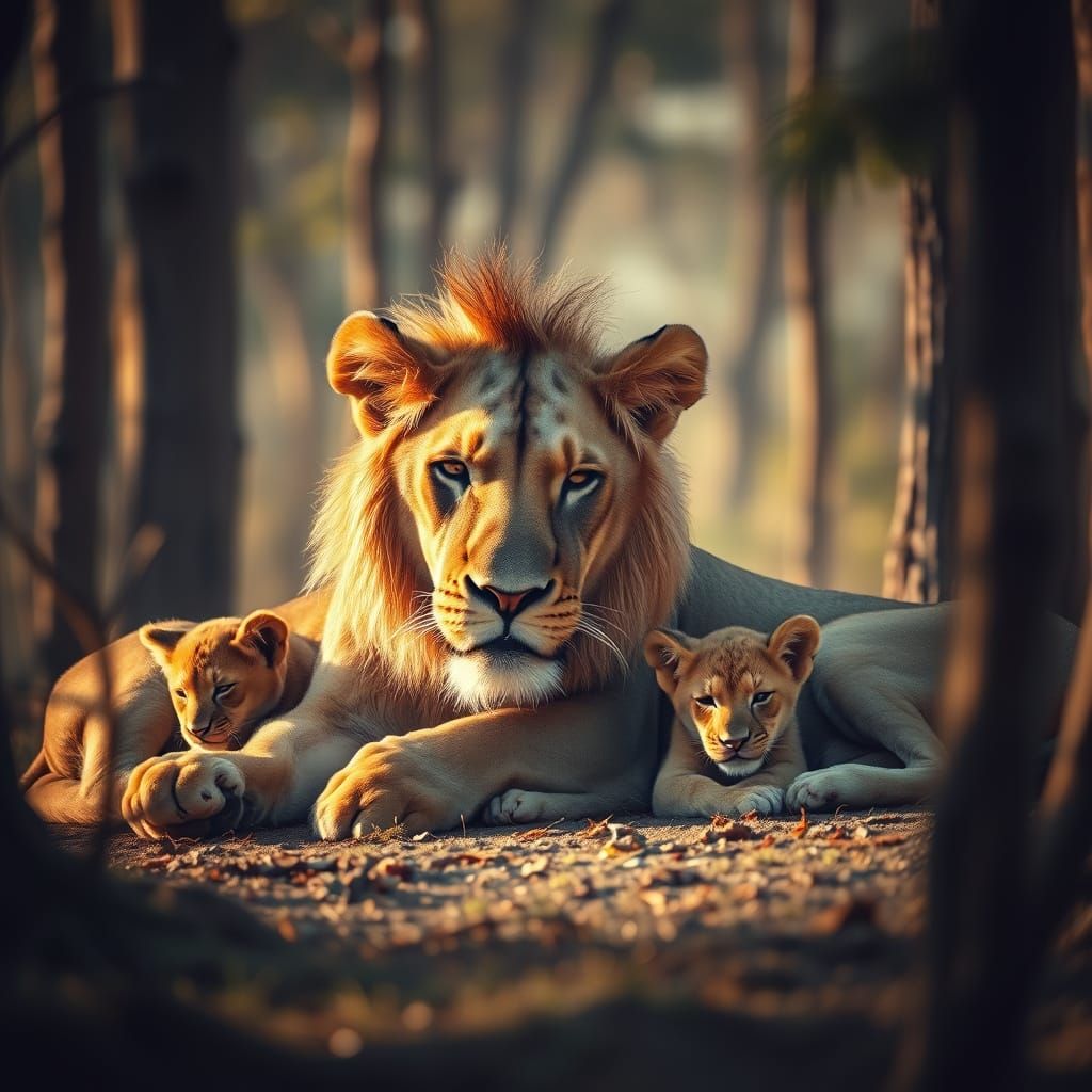 Lion Family Sleeping in Forest, Golden Hour