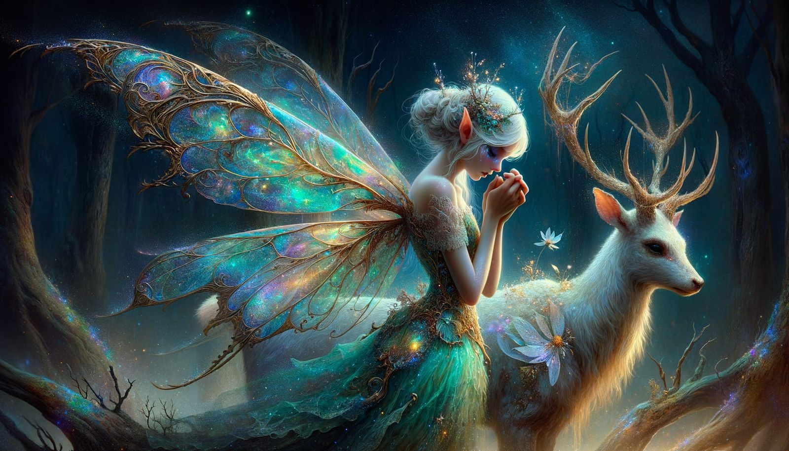 Bioluminescent Fairy Clings to Dying Stag in Fairy-tale Art