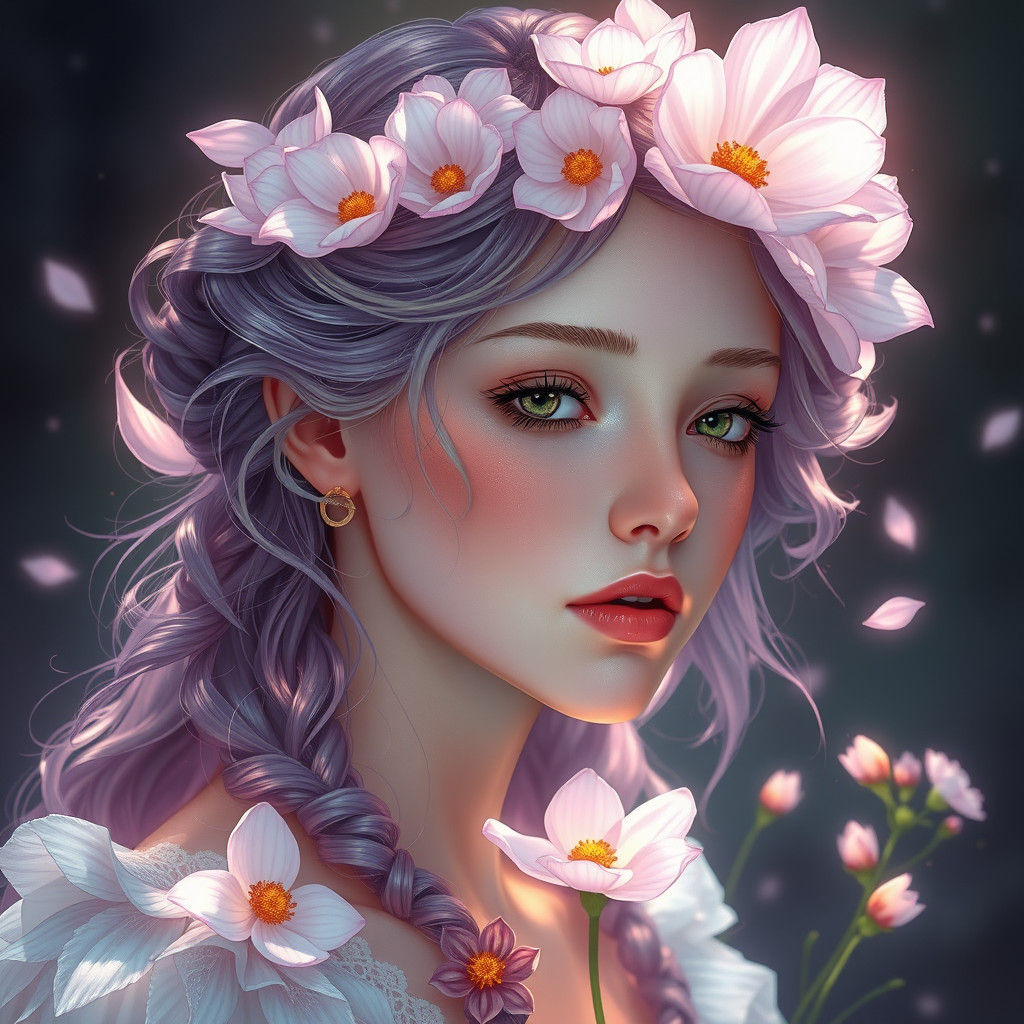 Ethereal Flower Girl Portrait in Art Nouveau Style