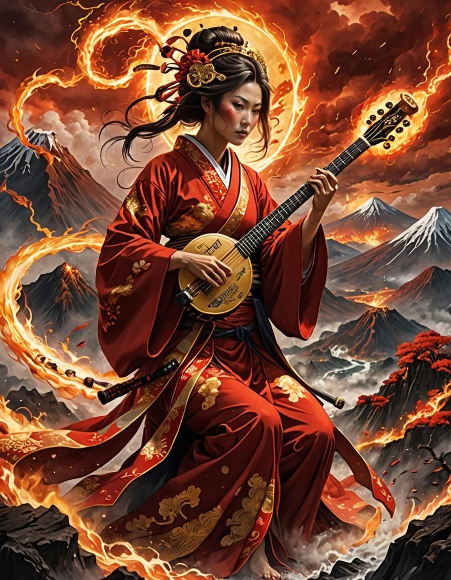 Fiery Japanese Goddess Playing Shamisen