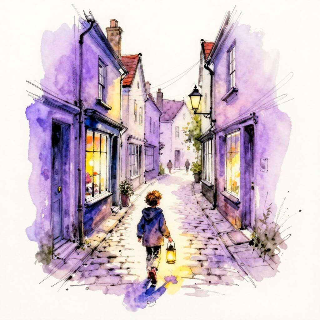 Child with Lantern on Cobbled Lane, Watercolour Expressionis...