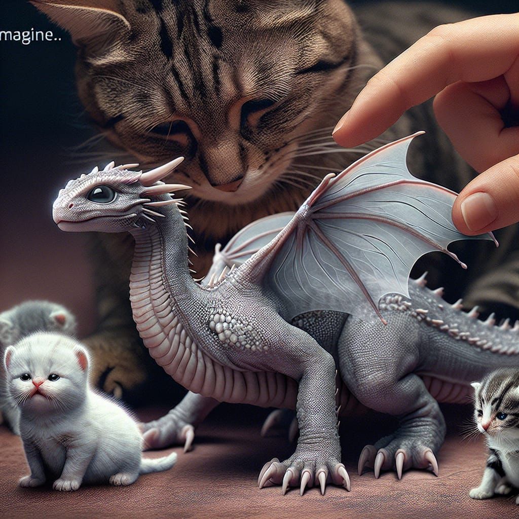 Photorealistic Baby Dragon Cared For By Cat