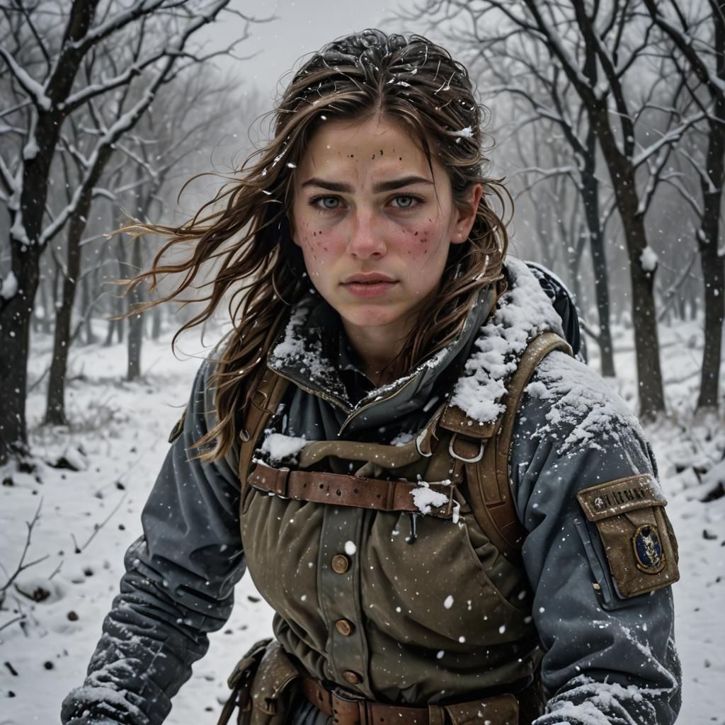 Female Soldier in Winter Storm, Photorealistic Image