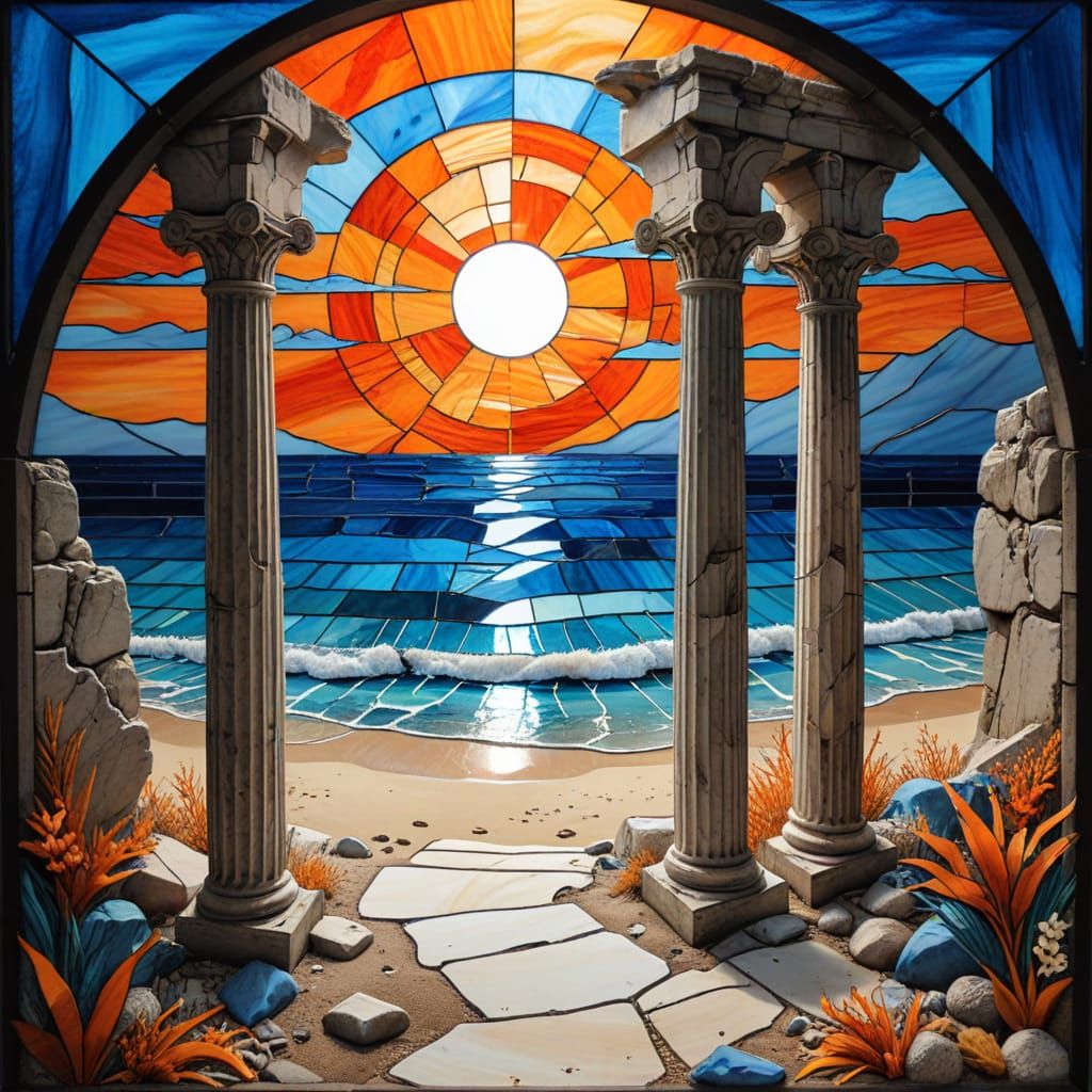 Blue Stained Glass Beach Scene with Pillars