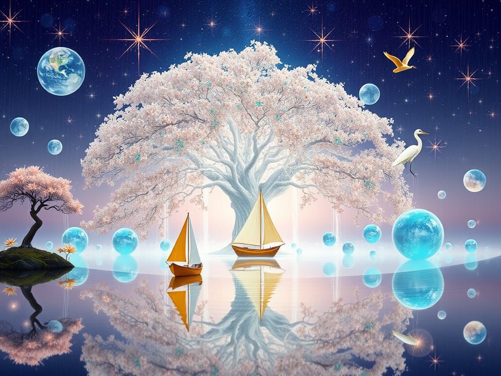 Cosmic Tree of Life with Peach and Turquoise Blossoms