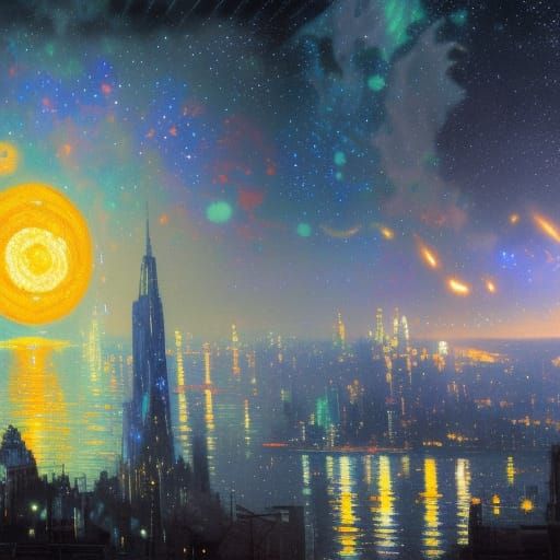 Gotham City Starry Night: Art Nouveau Concept Art