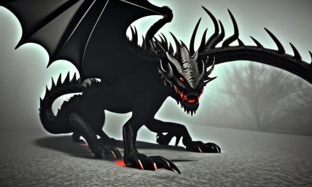 Sinister Black Dragon with Glowing Eyes in Dark Fantasy
