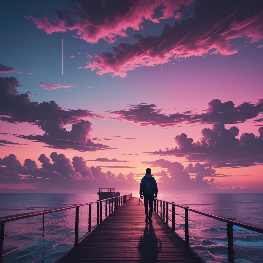 Synthwave Pier at Dawn in Neon Retro Style