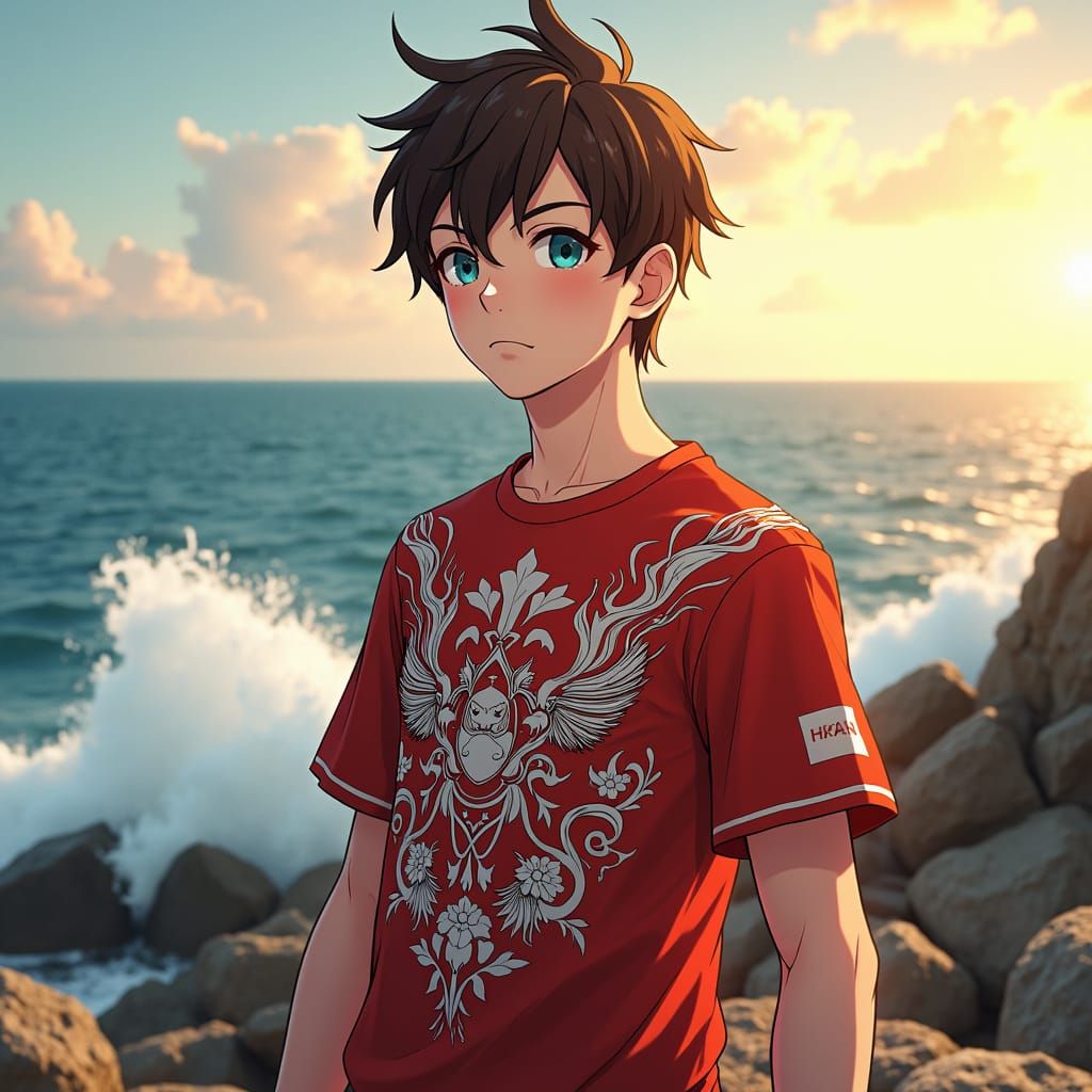Anime-Inspired Young Man on Rocky Shore at Sunset