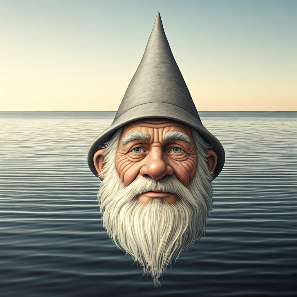 Middle-Aged Gnome Contemplates Serene Lake Landscape