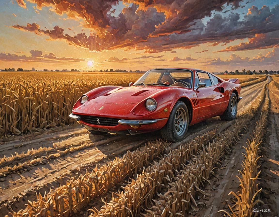Ferrari Dino 246 on Country Road, Acrylic Painting