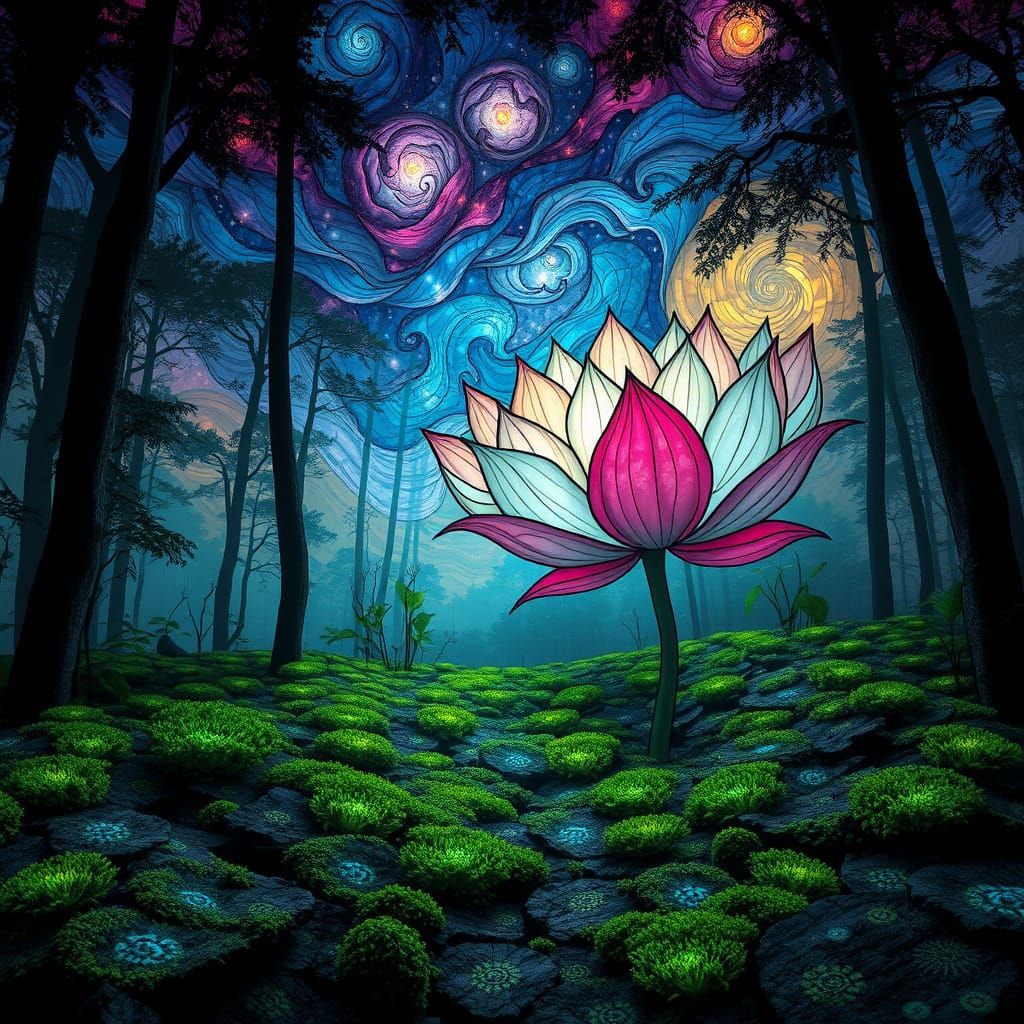 Ethereal Forest Oasis with Celestial Lotus Blooms