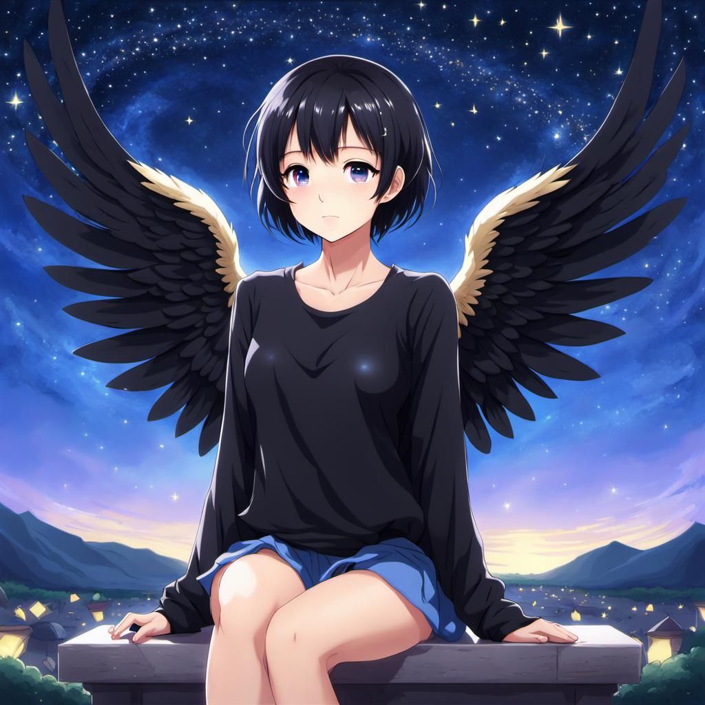 Anime Angel with Starry Night Background