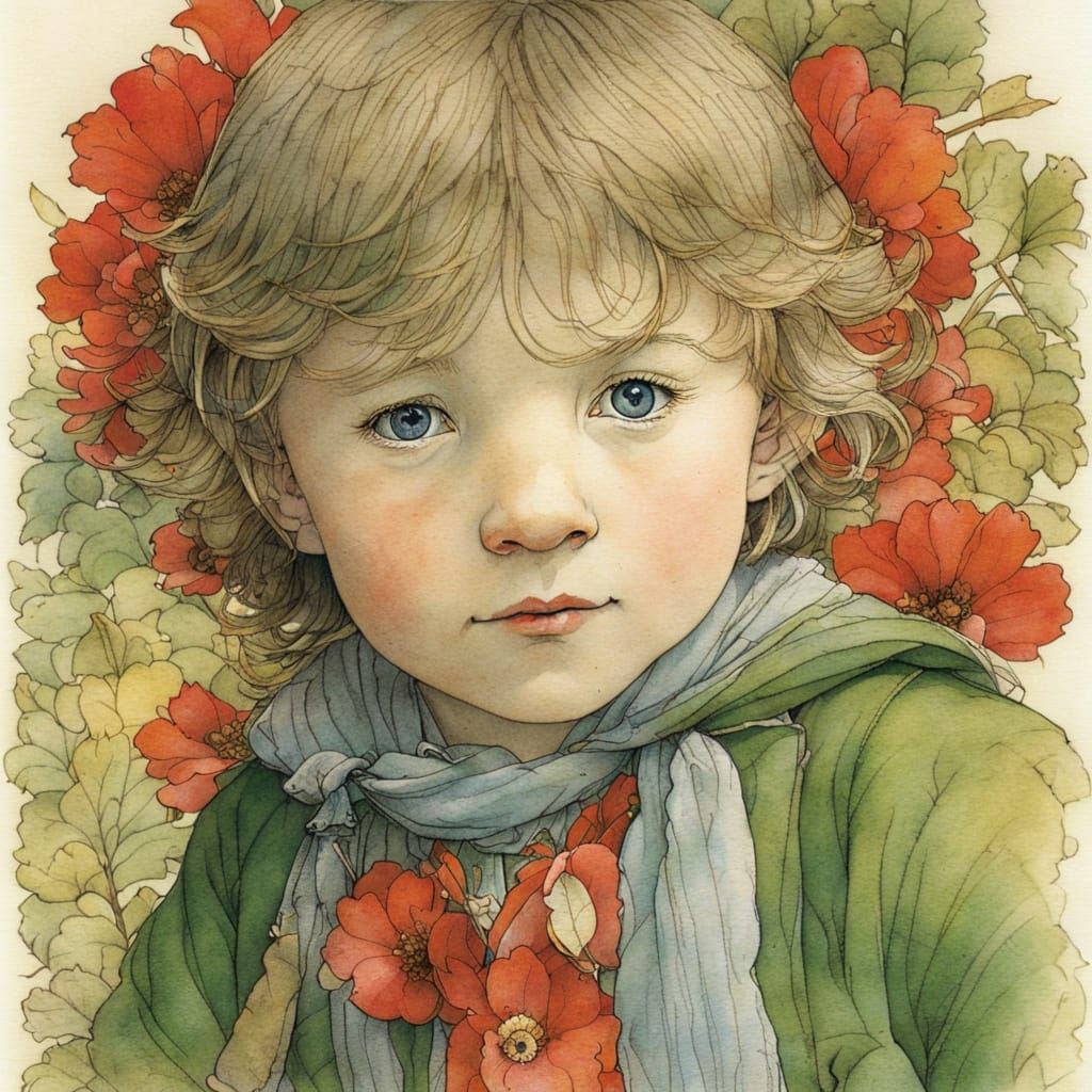 Whimsical Portrait of a Boy Among Vibrant Flowers