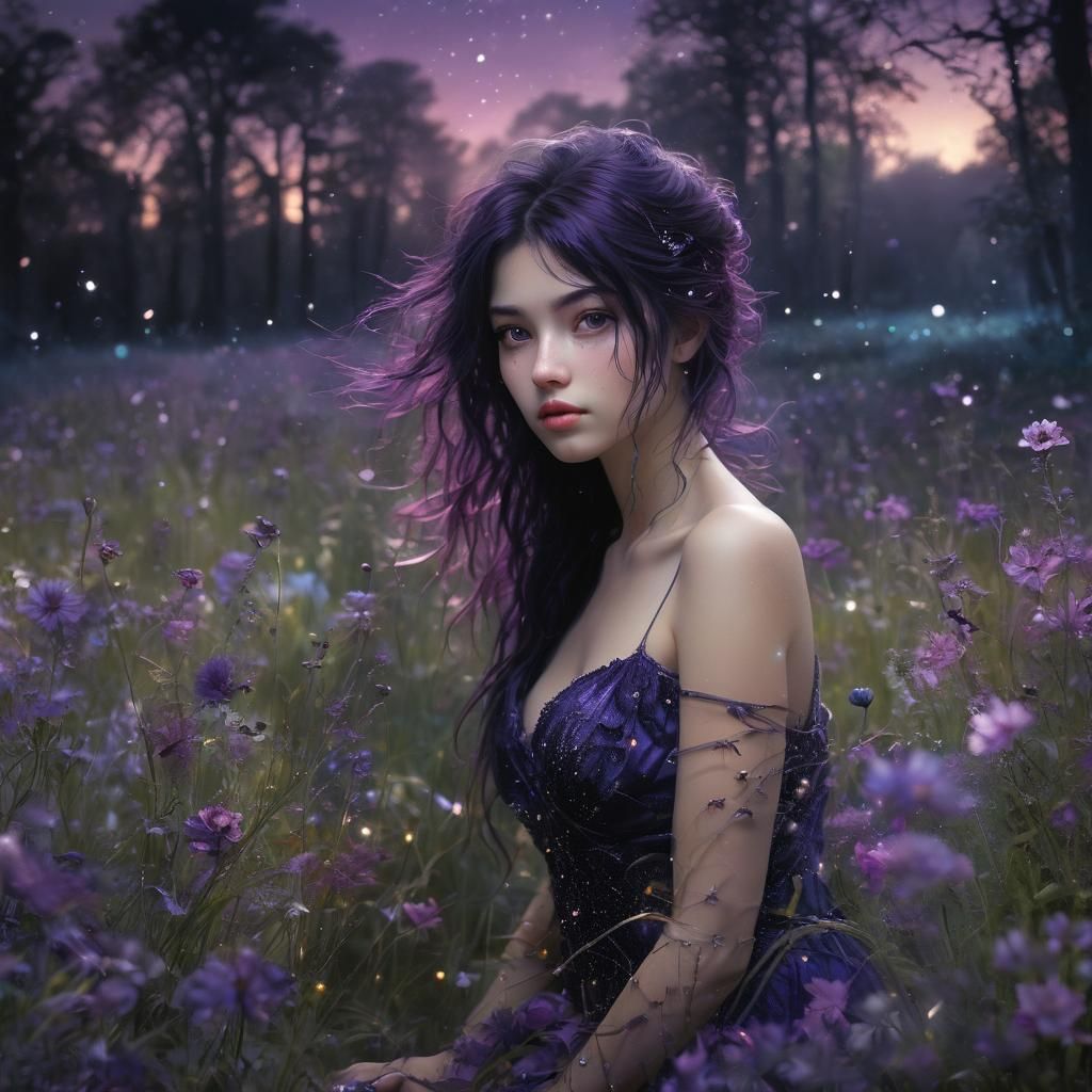 Firefly Field at Night in Sumi-e Style